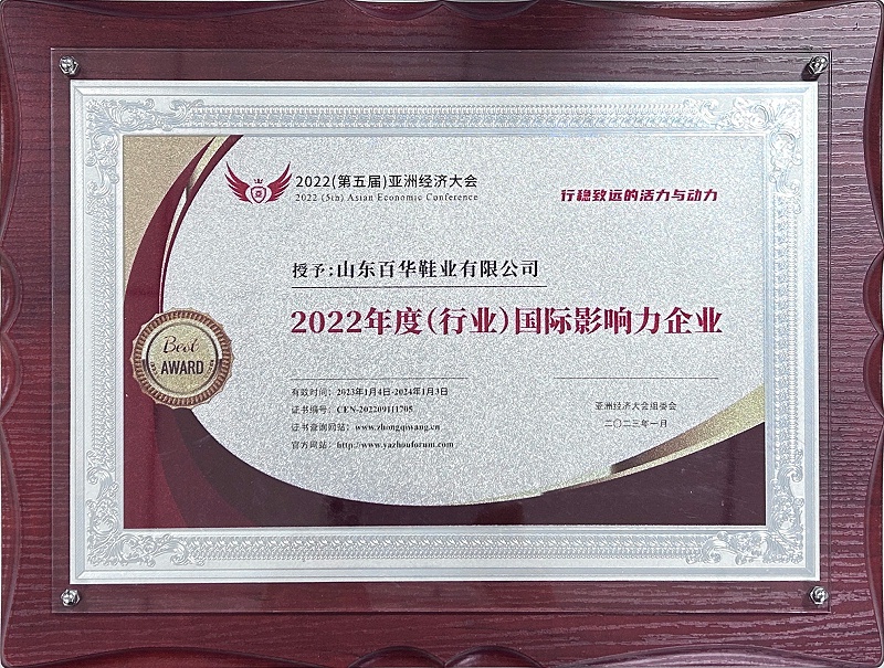 圖：山東百華鞋業(yè)有限公司被授予2022年度（行業(yè)）國(guó)際影響力企業(yè)